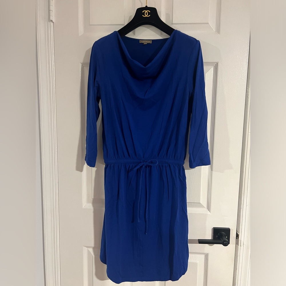 Lilla P Pima Cotton Modal 3/4 Sleeves MIDI Dress Boat Cowl Neck Blue Size M